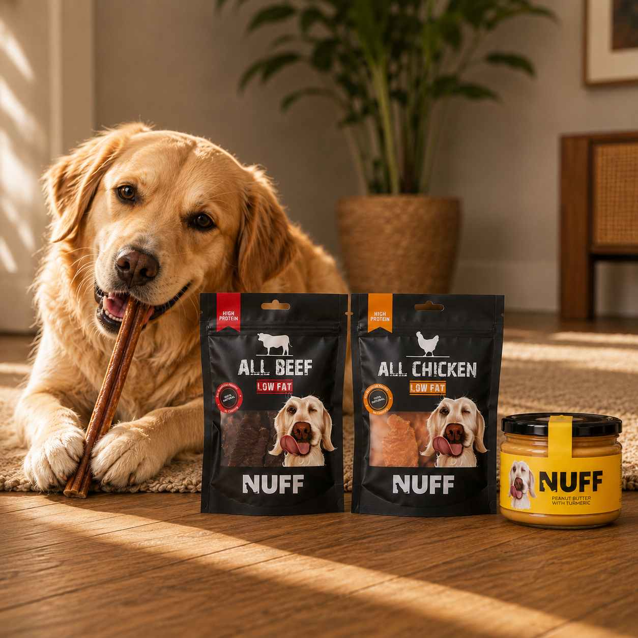Happy dog chewing a bully stick beside NUFF best-selling dog treats and peanut butter in Lebanon