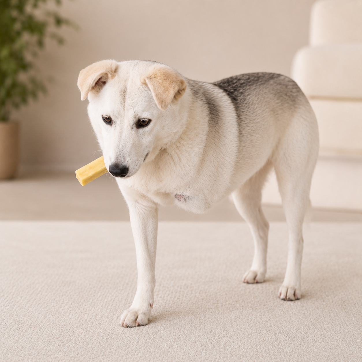 Three-legged dog enjoying a NUFF yak cheese chew, a long-lasting natural dog chew in Lebanon
