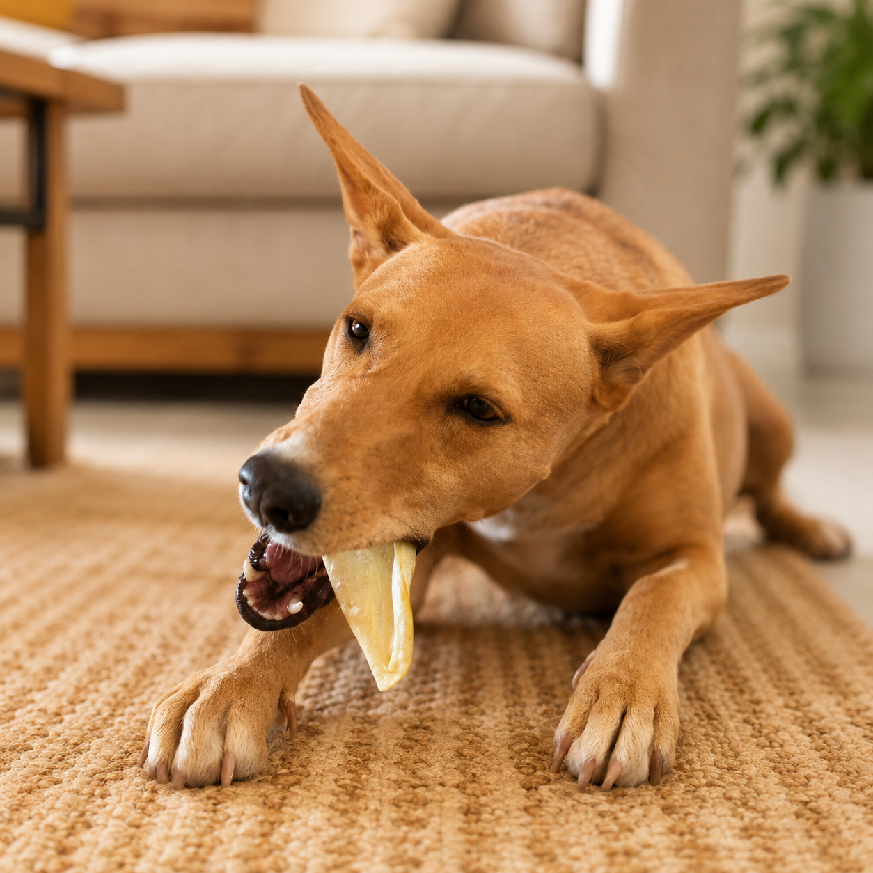 Dog enjoying a NUFF goat ear softer chew for easier chewing in Lebanon