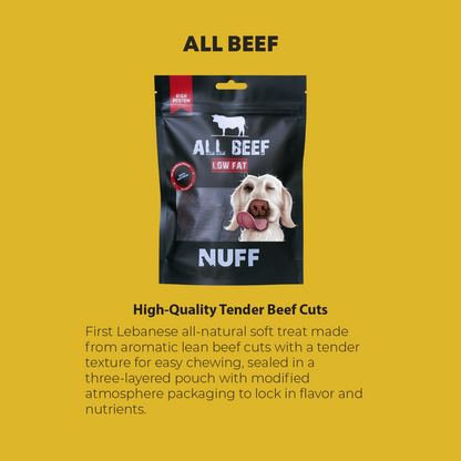 NUFF All Beef Low Fat Jerky dog treats pouch showing product description