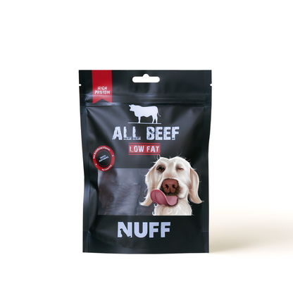 NUFF All Beef Low Fat Jerky dog treats pouch with dog image on black packaging
